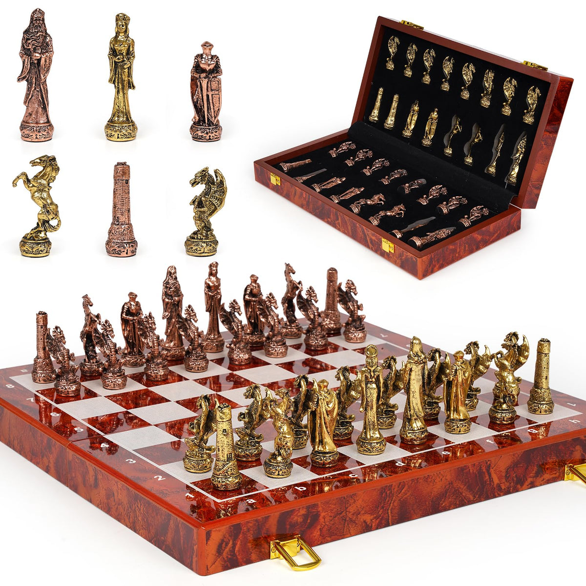 Vintage Metal Chess Set – 15" Wooden Board, Collectible Staunton Pieces